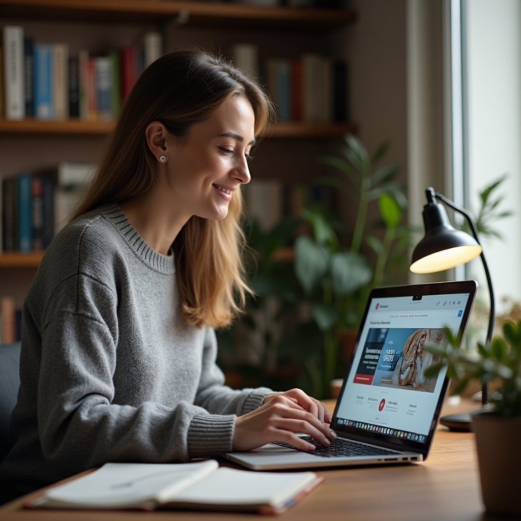 Person lernt Onlinekurs auf Laptop in gemütlichem Arbeitsbereich