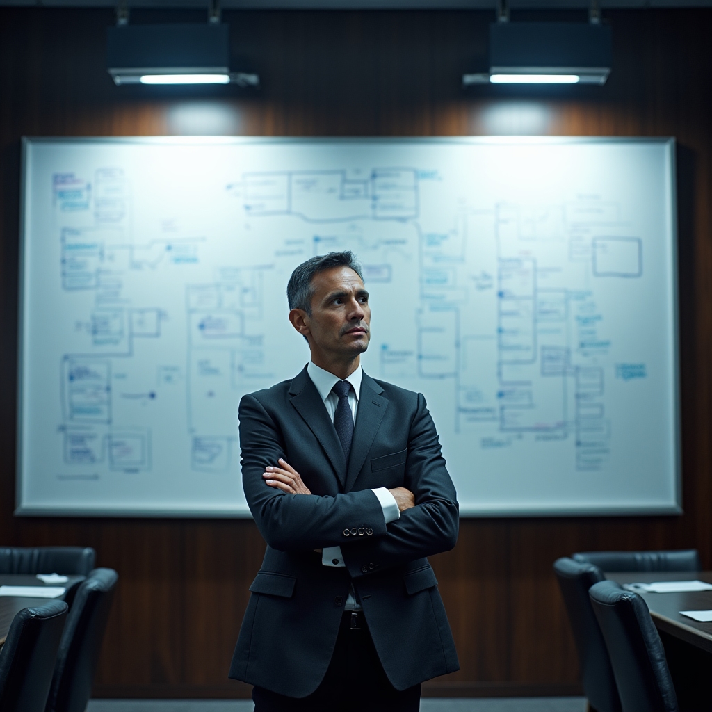 Professionelle Person denkt vor einem beschriebenen Whiteboard nach
